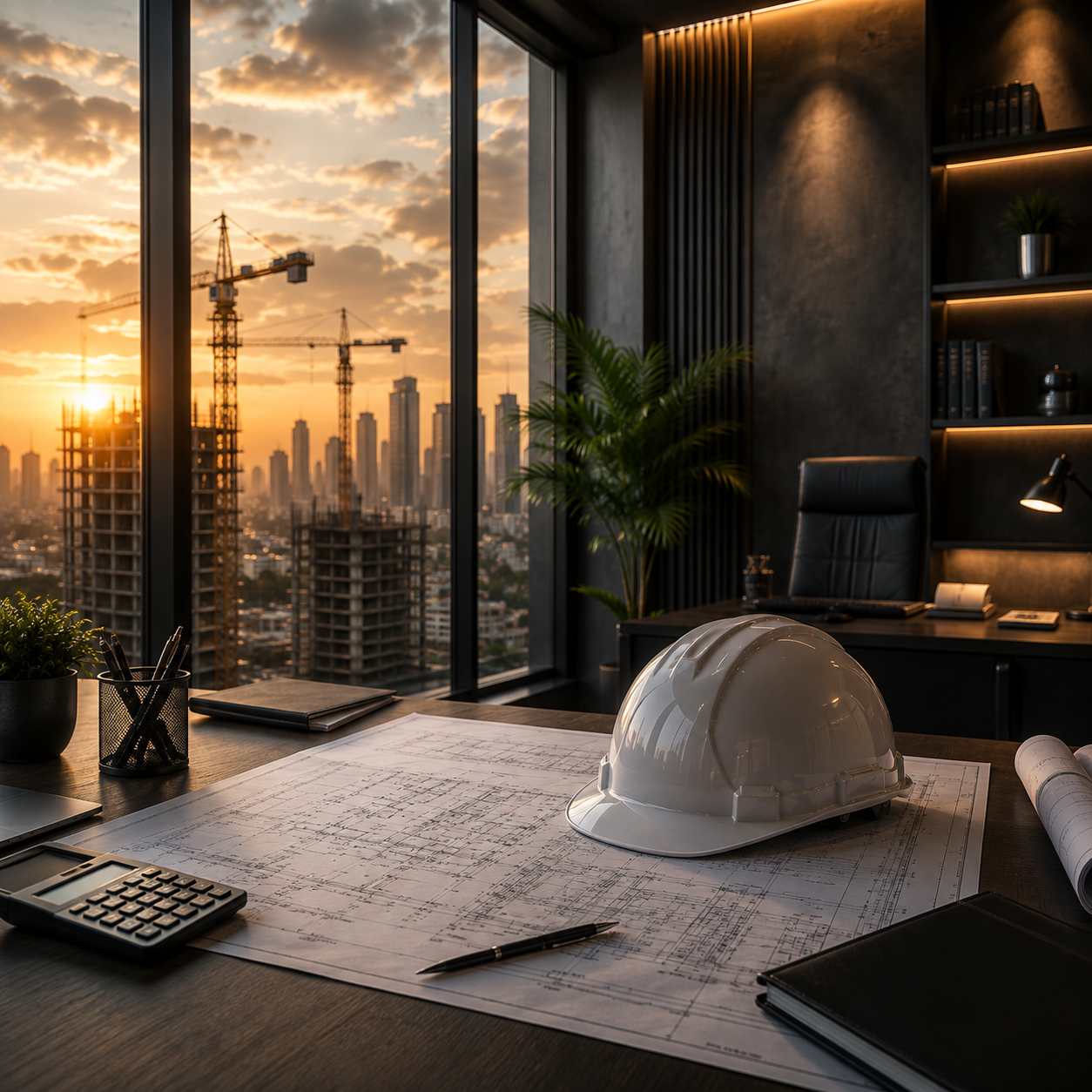 مهندس يراجع مخططات إنشائية في موقع العمل